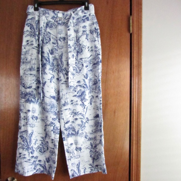 Joie Blue and White Tropical Pattern Loose-Fit Linen Pants Women's M - Picture 1 of 14